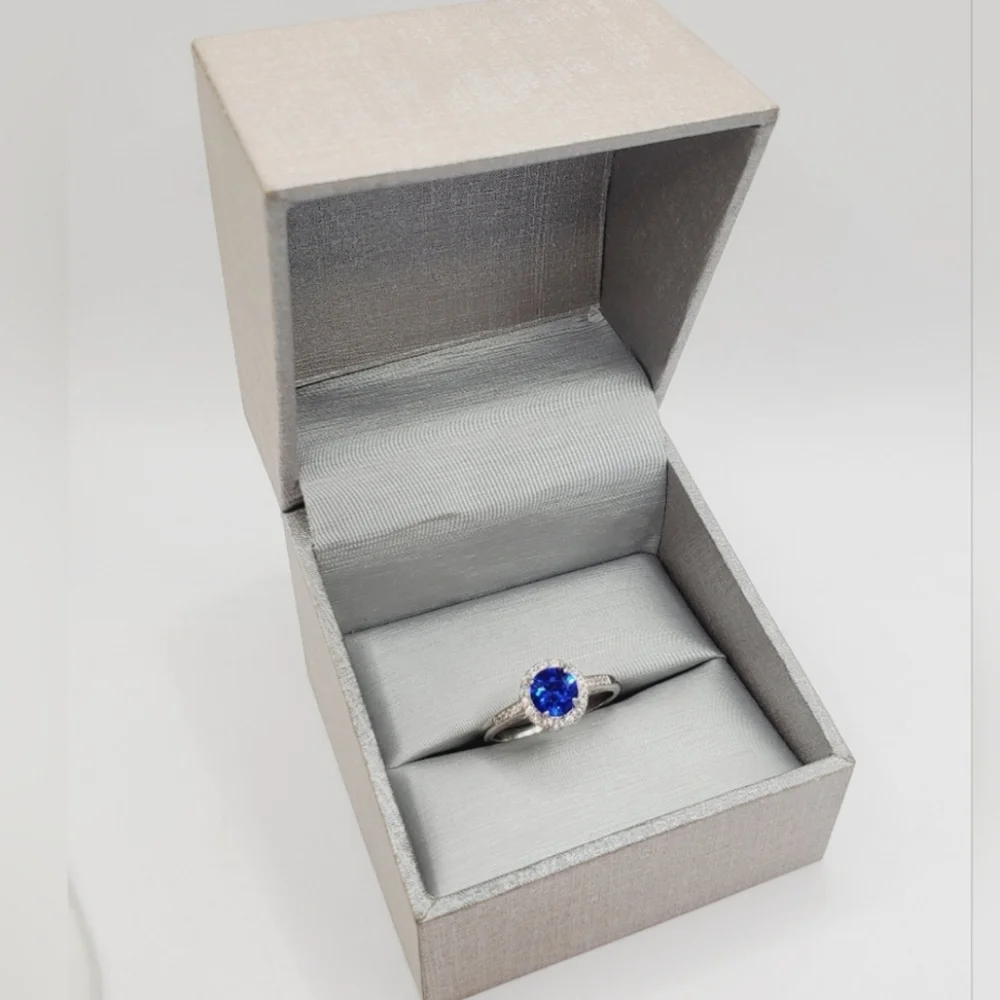 Blue Sapphire Simulant & Diamond Simulants Rhodium Plated Silver Tone Halo Ring